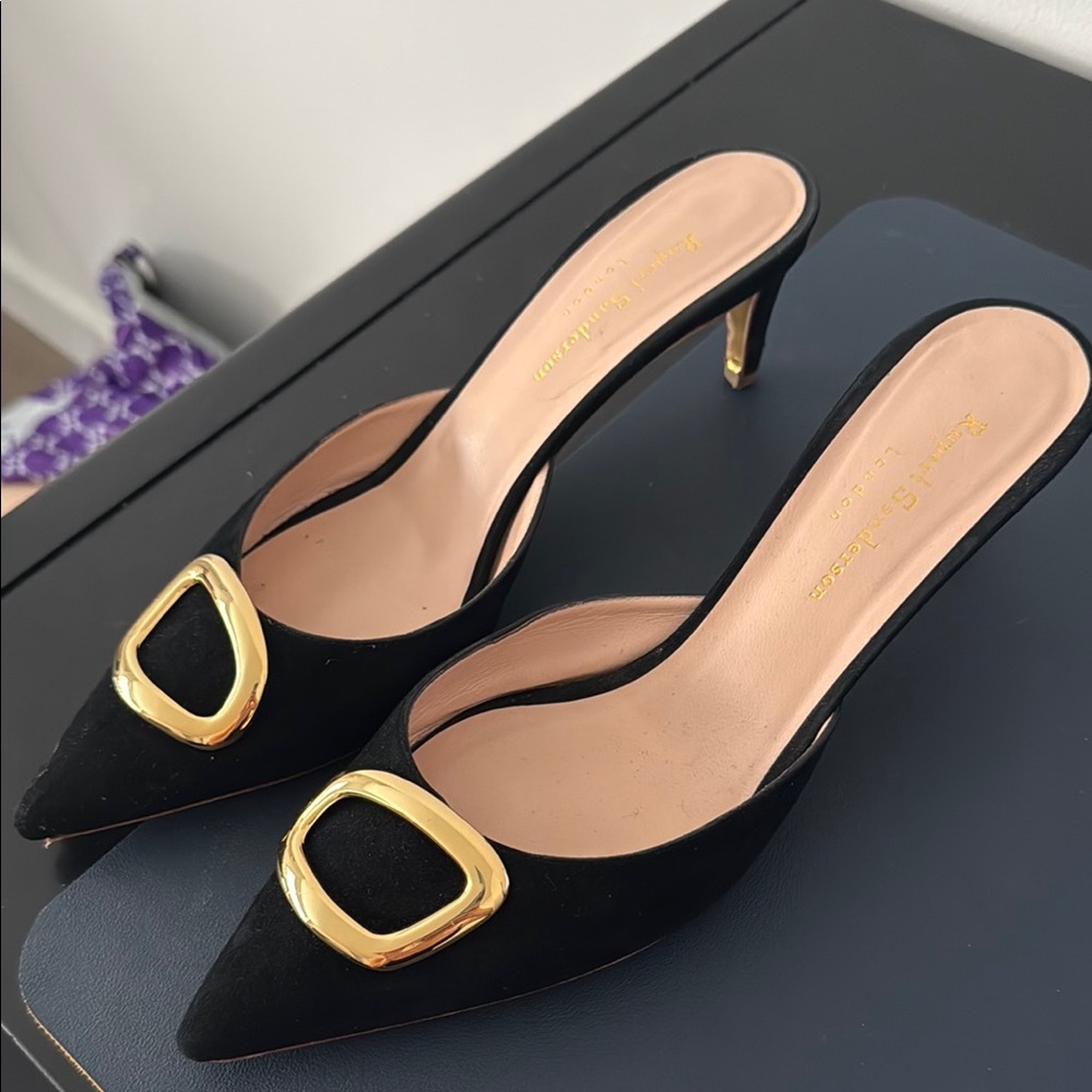 Rupert Sanderson black suede kitten mule with gold hardware